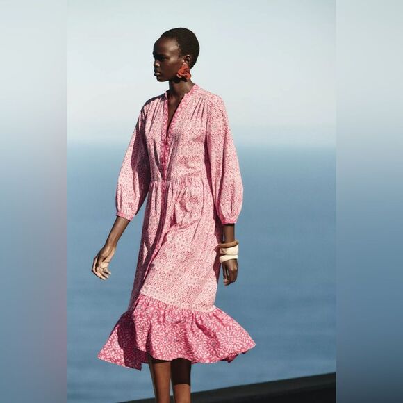 ZARA BOHO PRINTED MIDI RUFFLED DRESS - Picture 10 of 16